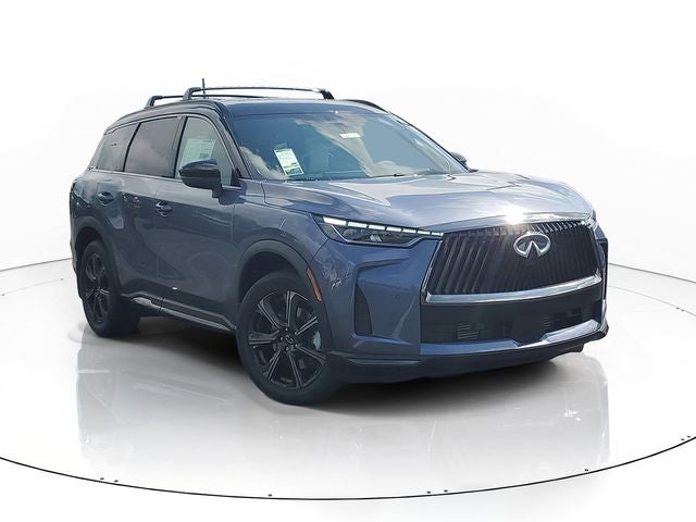 2027 INFINITI QX60 Autograph in Moonbow Blue / Black Roof — front three-quarter view